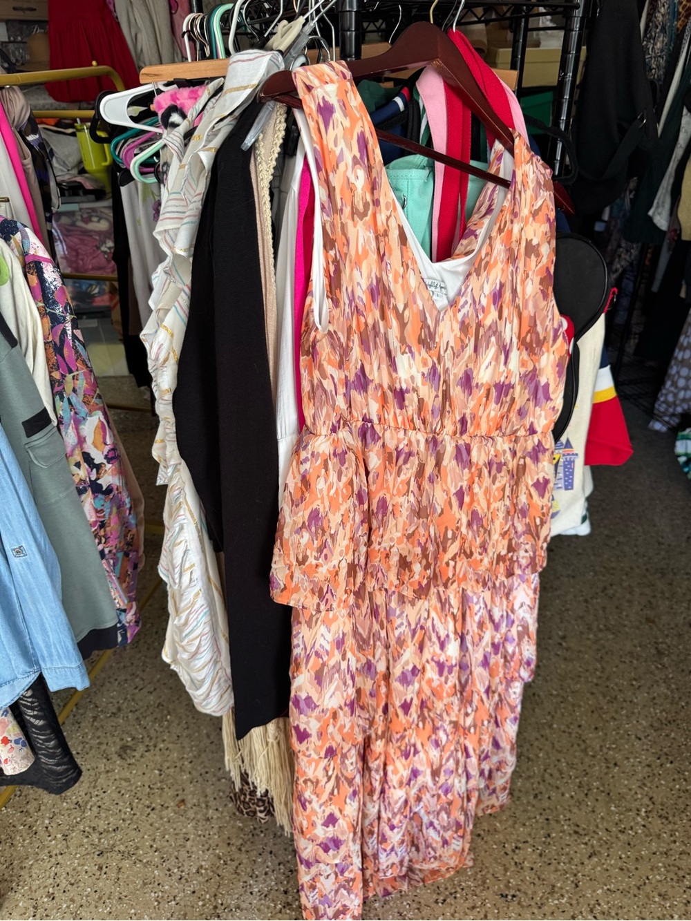 Sleeveless Orange & Purple Printed Tiered Maxi Dress